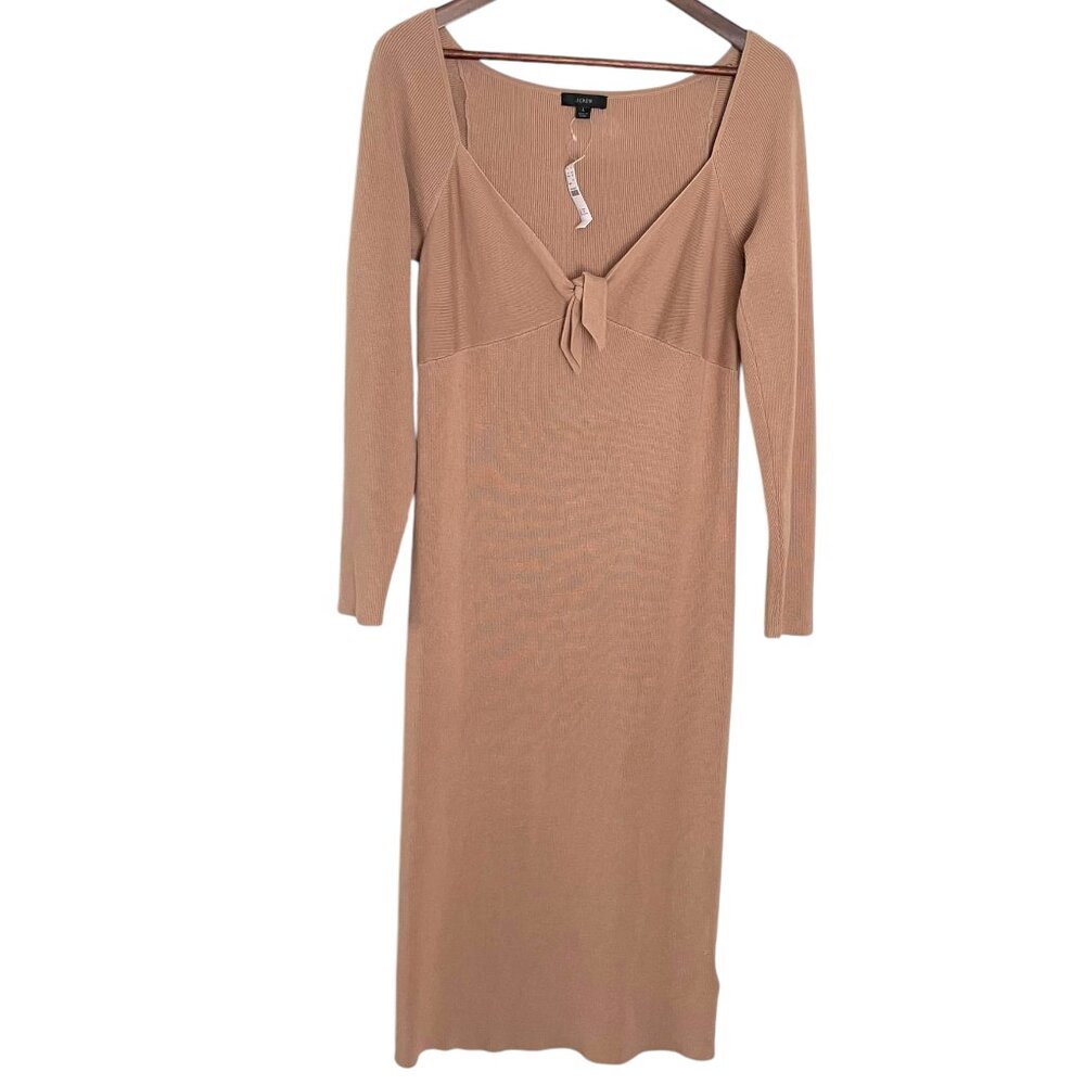 J Crew Ribbed Knit Tie Front Sweater Dress Large L Tan Midi Long Sleeve